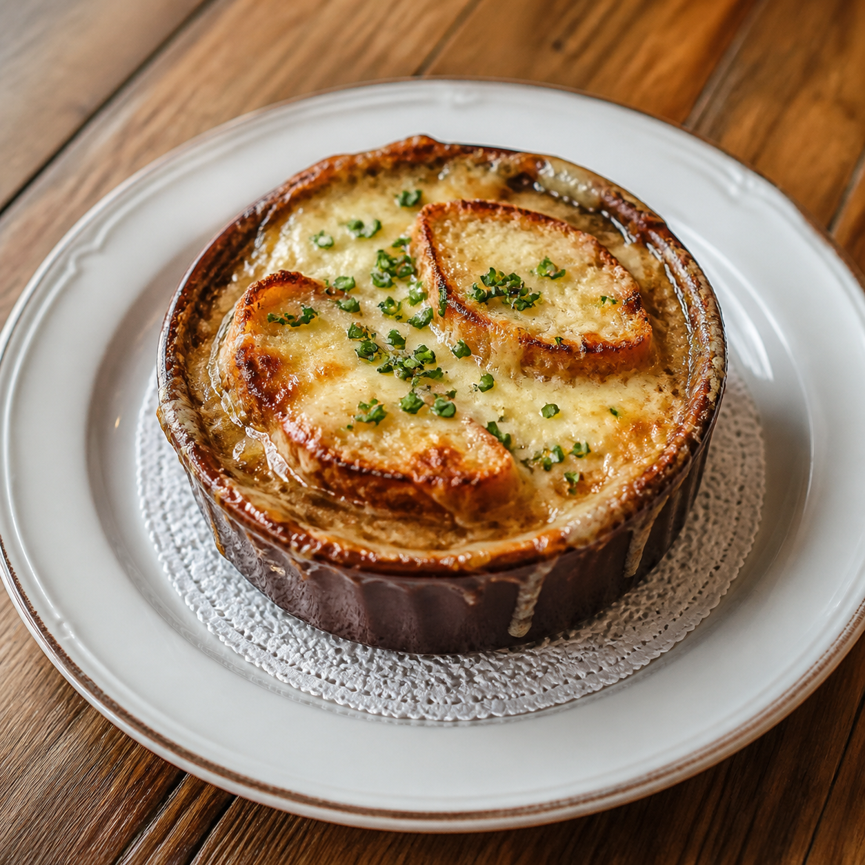 Gratinée à l’oignon servie dans une assiette de bistrot