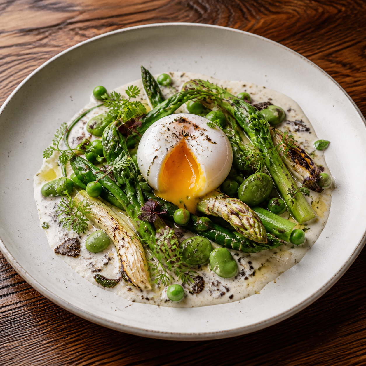 Œuf mollet, légumes verts de saison et crème légère à la truffe