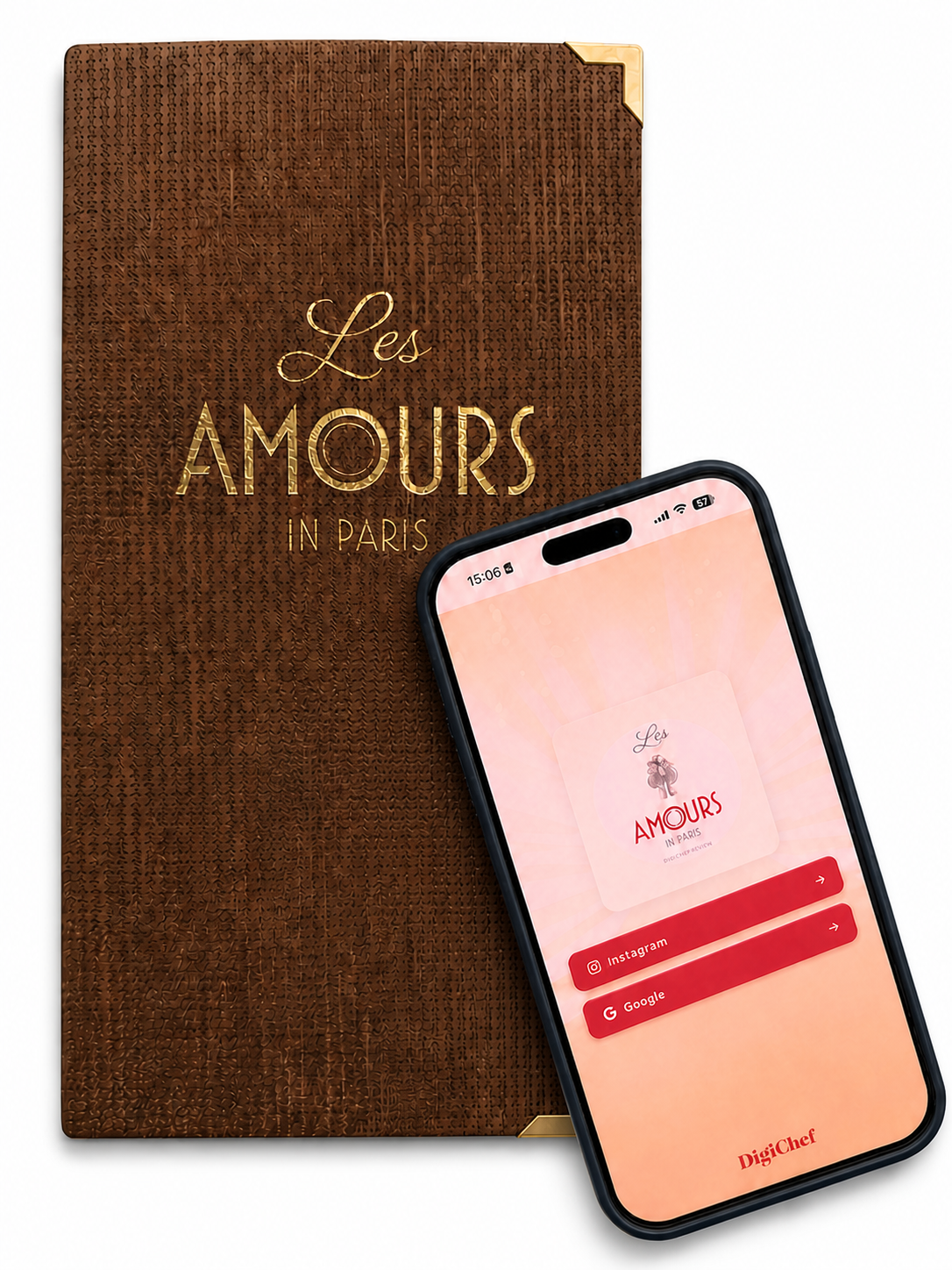 Téléphone et porte-addition vus de face avec la page d’avis du restaurant affichée