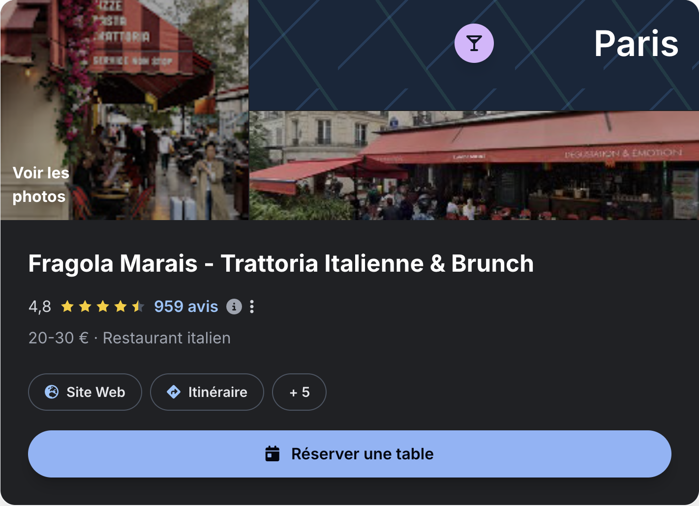 Réservation d’une table depuis une fiche d’établissement Google